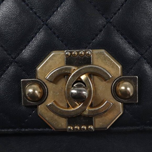 CHANEL Matelasse Turn Lock Chain Hand Bag Leather 2way Navy Gold CC Auth yk16451 - Picture 9 of 15